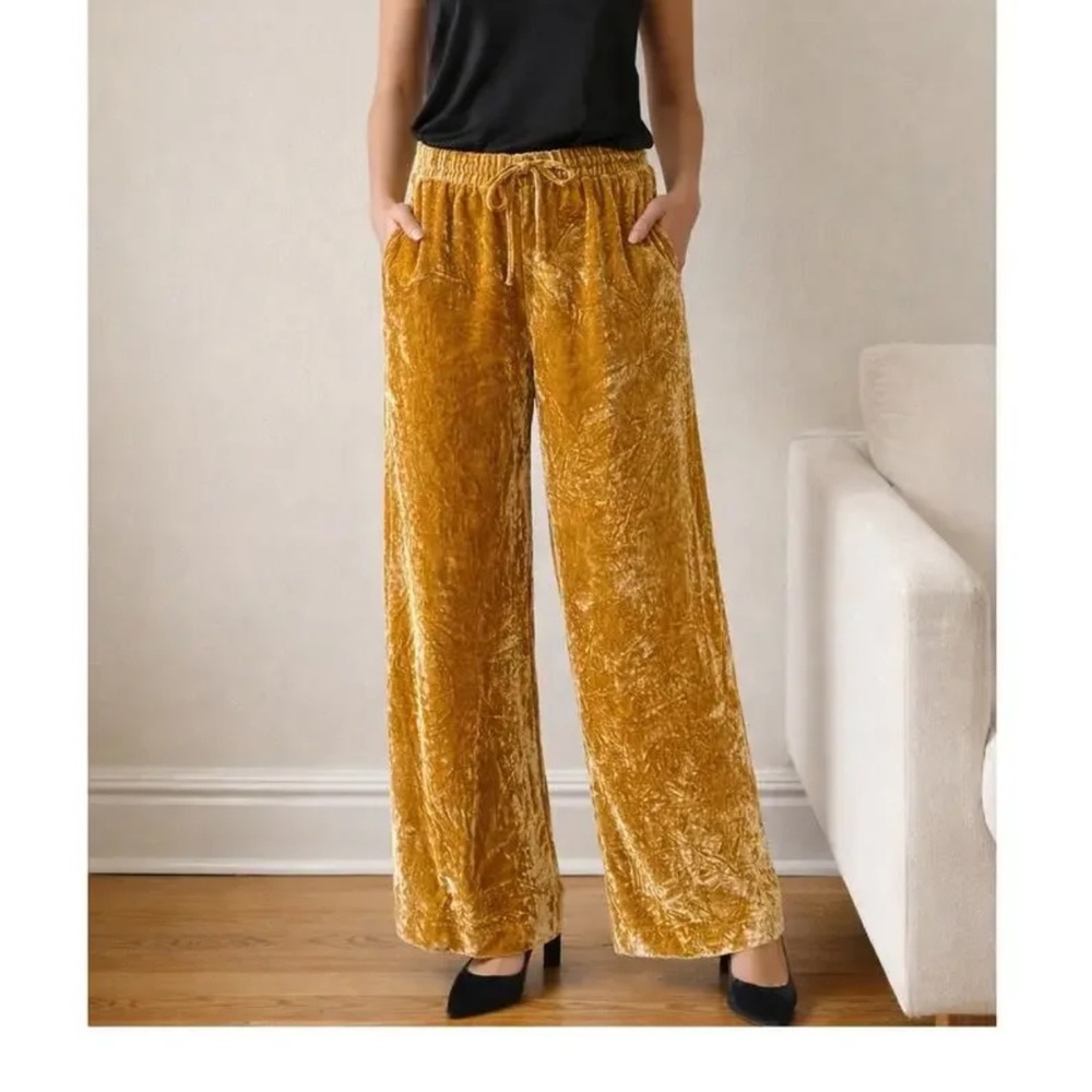 Reformation Wide-Leg Velvet Drawstring Pants - Mustard